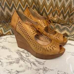 Restricted Tan Leather Laser Cut Wedge Heels Size 7.5